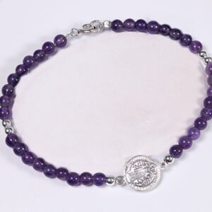 Pulsera Plata Medalla San Benito y Bolitas de Turmalina/Amatista