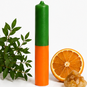 Vela Ritualizada Bicolor Verde + Naranja ÉXITO Y PROSPERIDAD