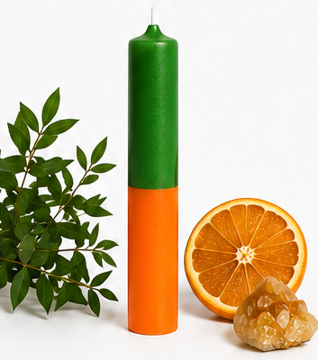 Vela Ritualizada Bicolor Verde + Naranja ÉXITO Y PROSPERIDAD
